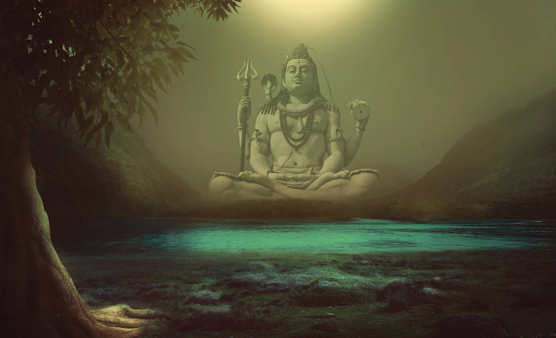 Shiv Shankar, glowing turquoise river, misty mountains, Full HD Desktop Wallpaper