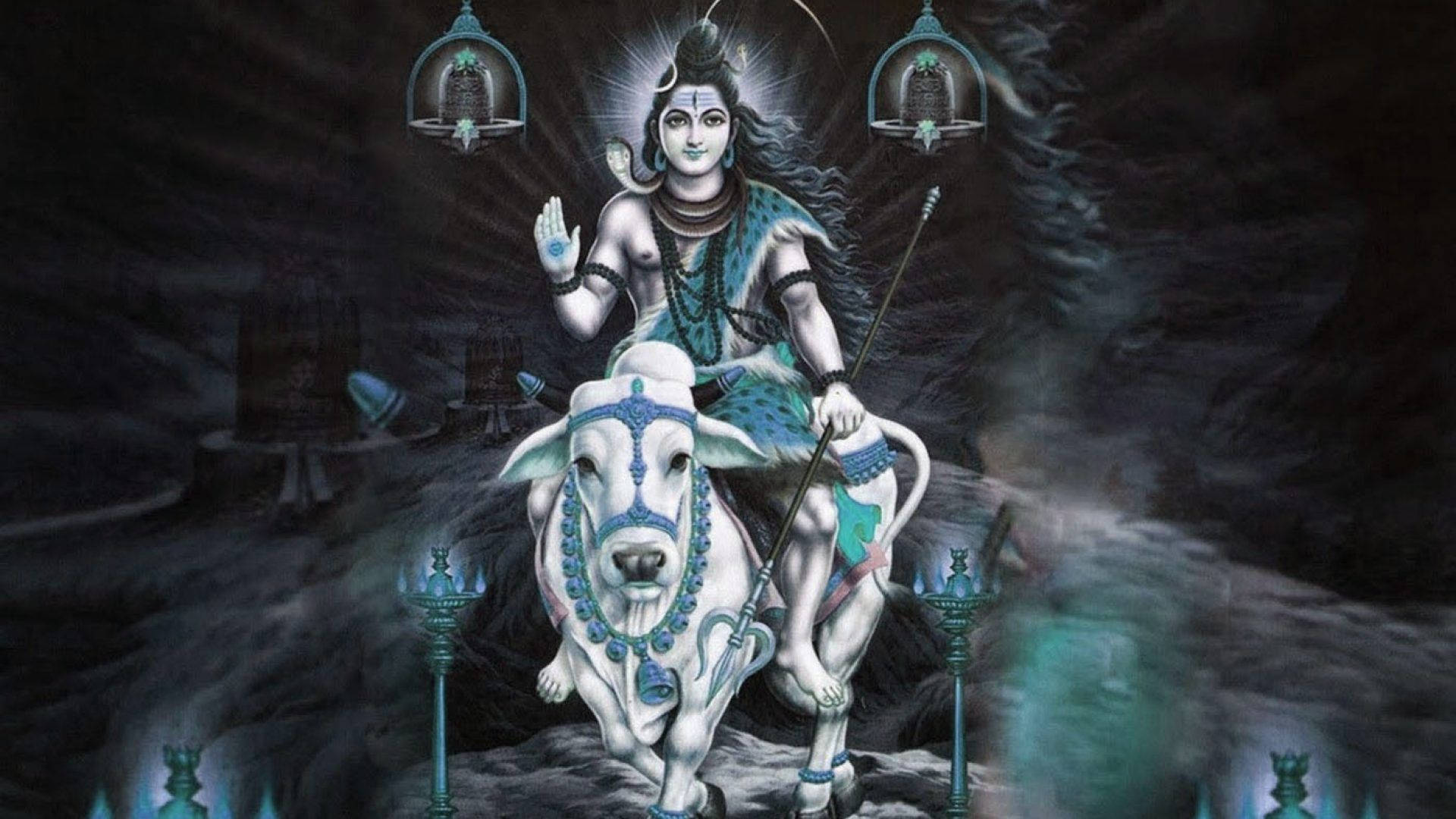 Shiv Shankar, bull, mystical cave, Full HD Desktop Wallpaper
