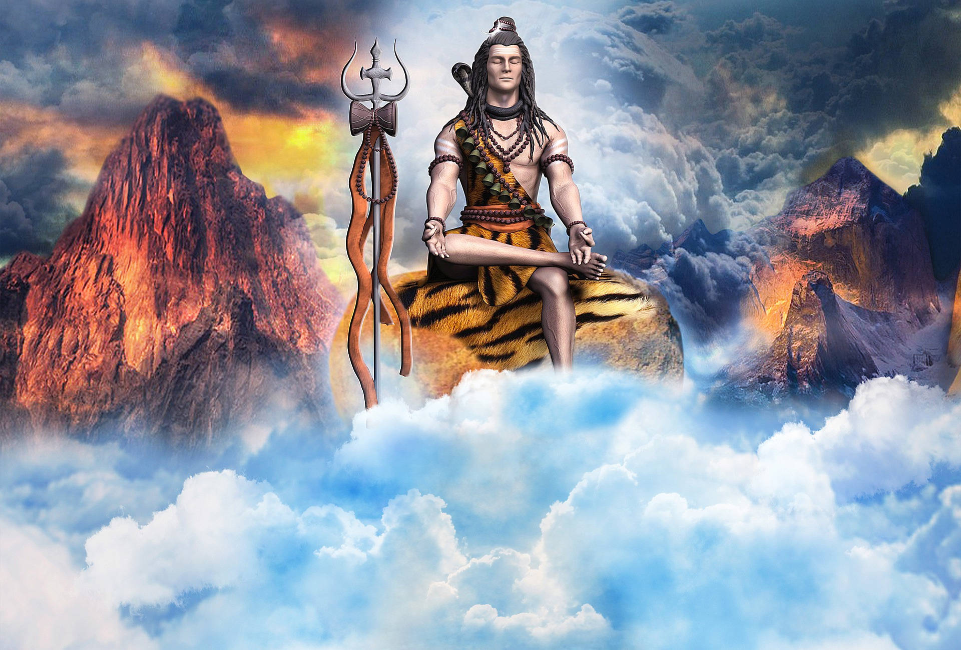 Shiv Shankar, tiger skin throne, swirling clouds, Full HD Desktop Wallpaper