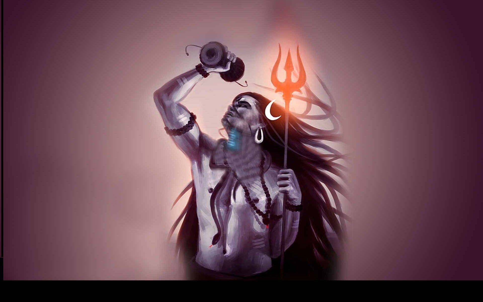 Shiv Shankar, glowing trishula, long hair, Full HD Desktop Wallpaper