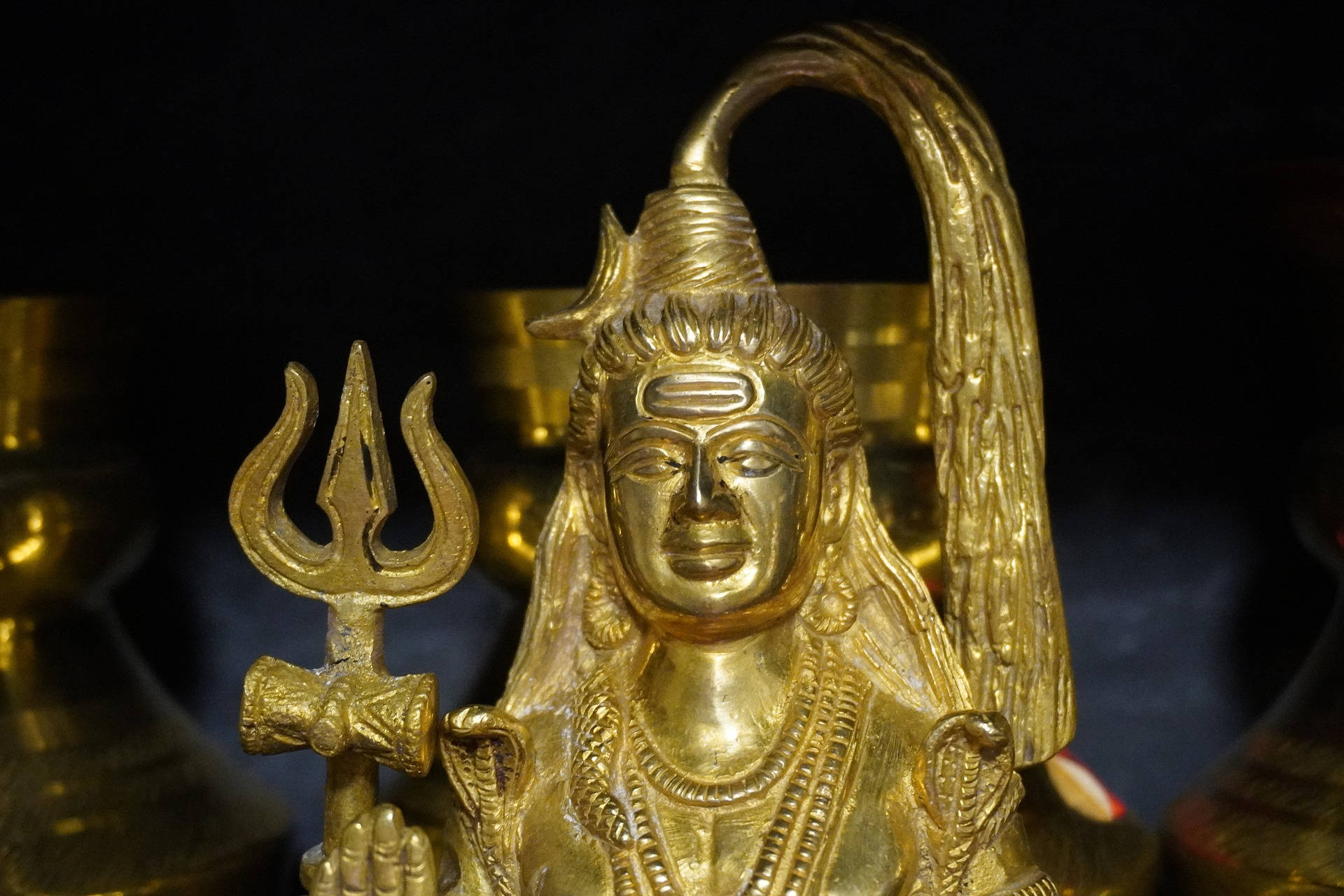 Shiv Shankar, golden Shiva statue, trident, Full HD Desktop Wallpaper