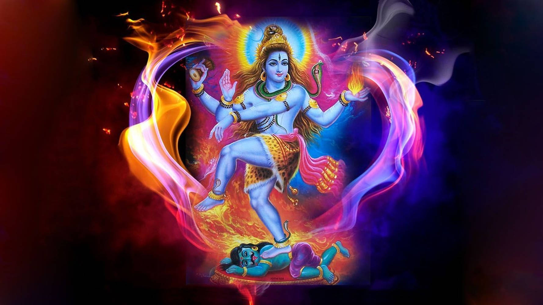 Shiv Tandav, divine blue-skinned deity, fiery heart-shaped aura, HD Desktop Wallpaper