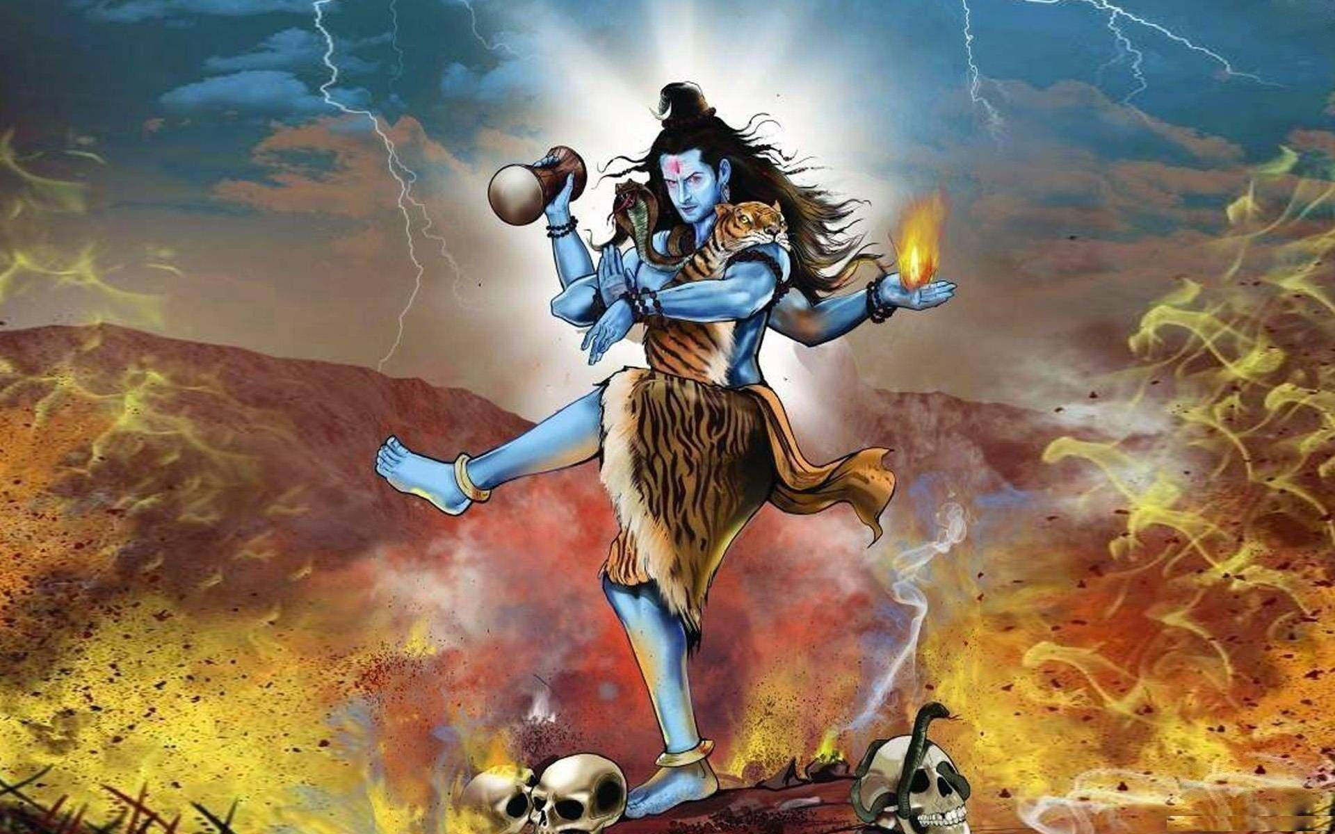 Shiv Tandav, blue-skinned Shiva, skulls, Full HD Desktop Wallpaper