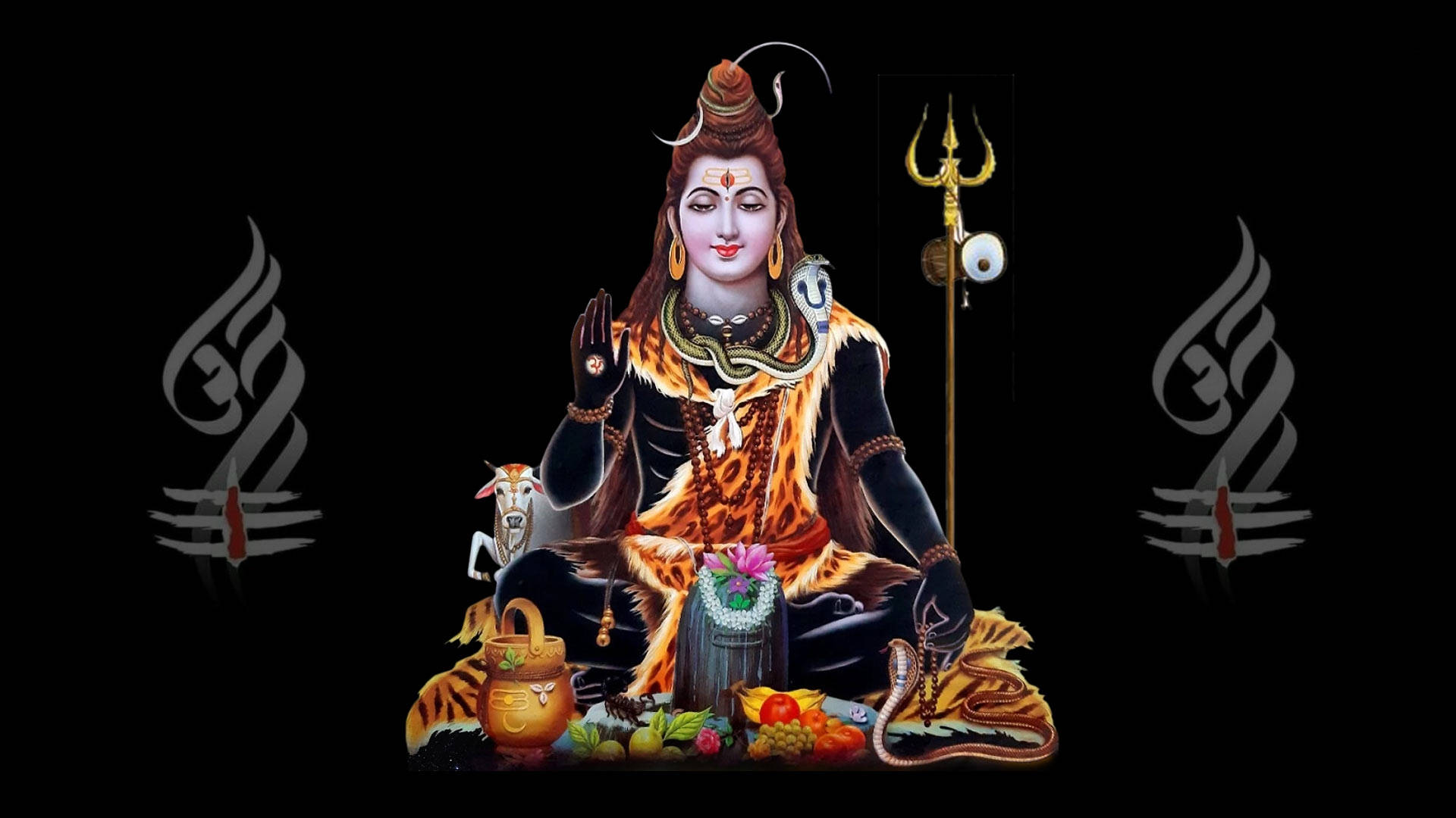 Shiva Black, sacred gold trident, tiger skin, Full HD Desktop Wallpaper