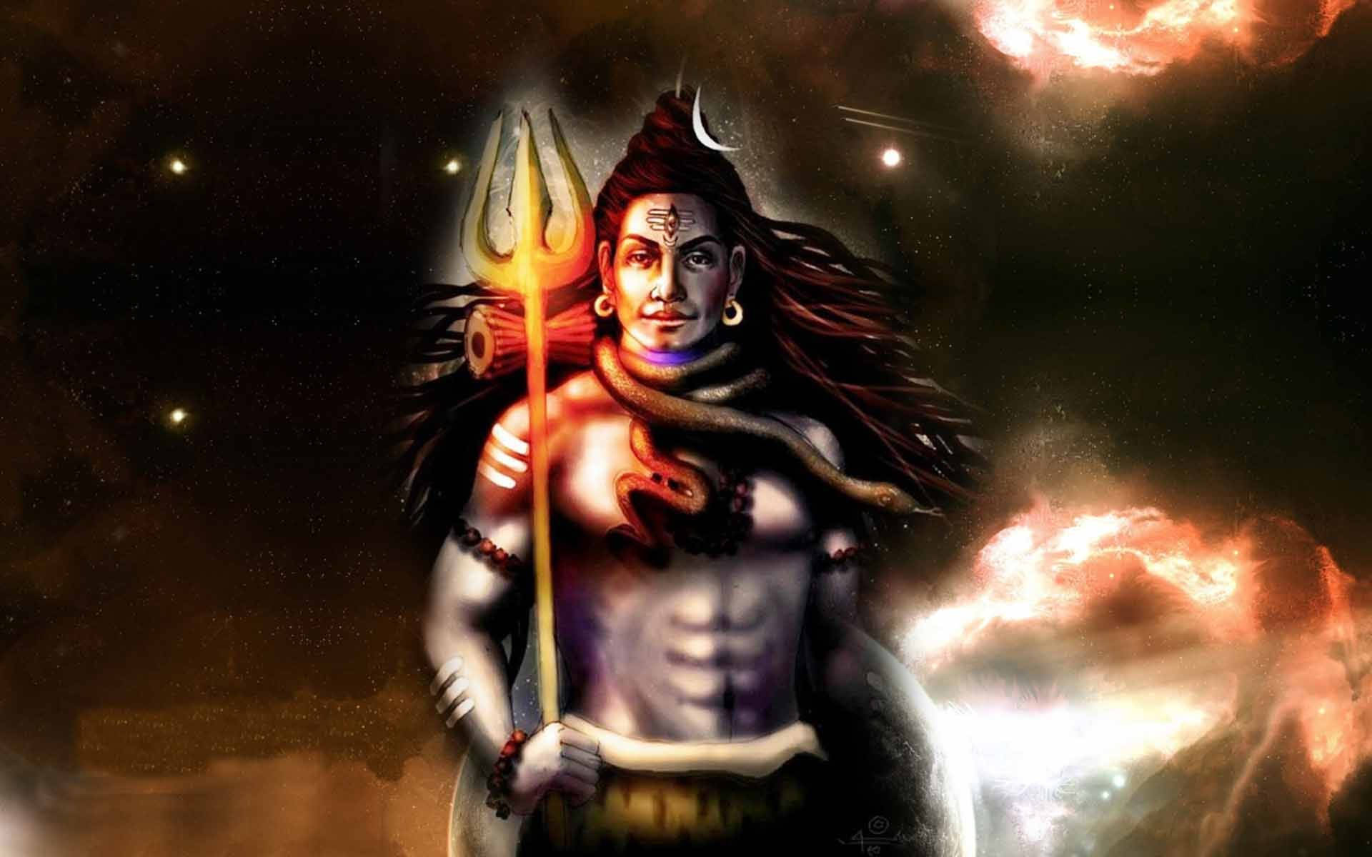 Shiva Black, glowing trishula trident, cosmic backdrop, Full HD Desktop Wallpaper