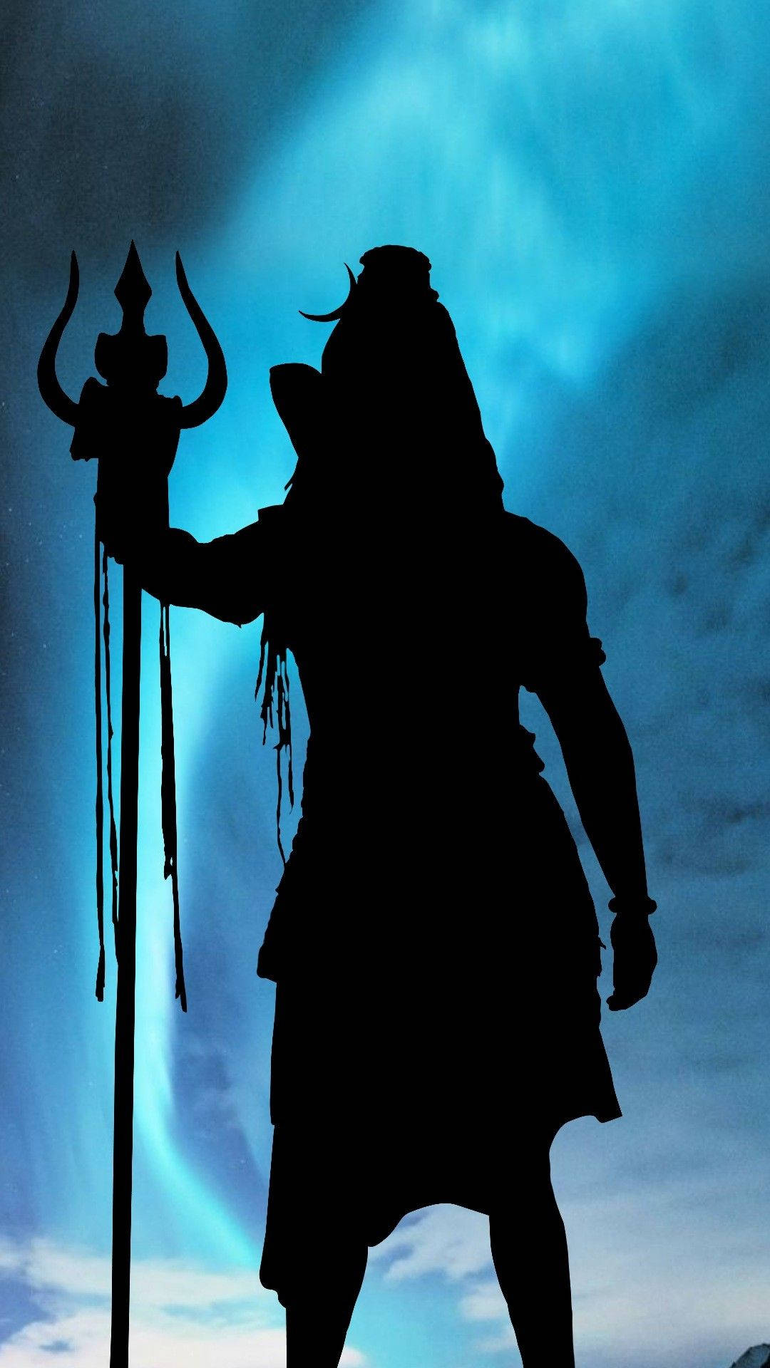 Shiva, trident, glowing blue aurora sky, Full HD Phone Wallpaper