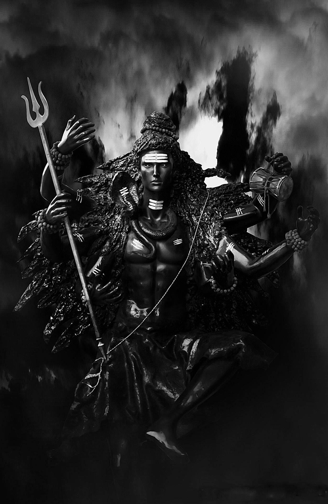 Shiva Black, four-arm sculpted statue, trident, Full HD Phone Wallpaper