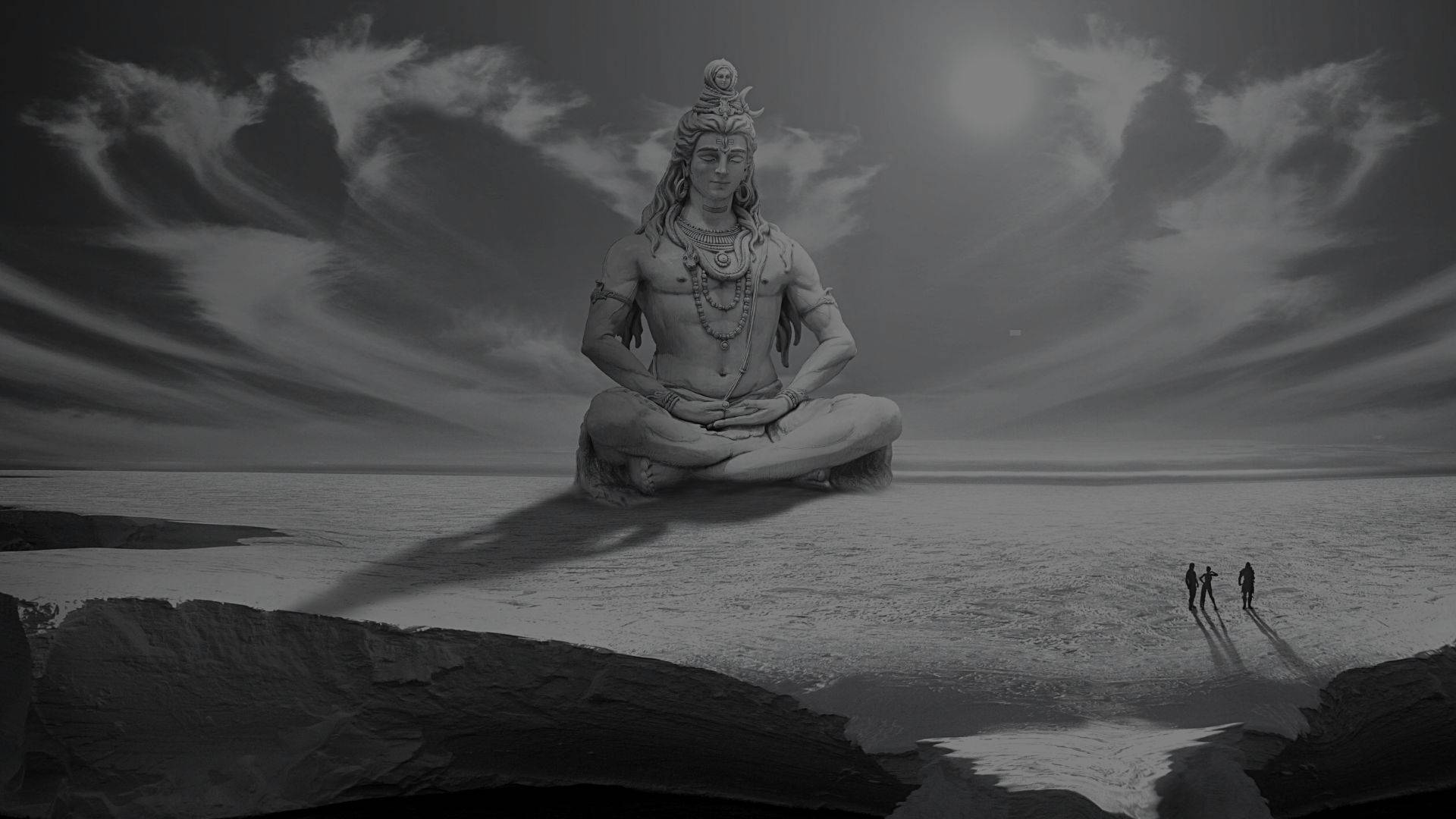 Dark Shiva, colossal meditating deity statue, barren plain, Full HD Desktop Wallpaper