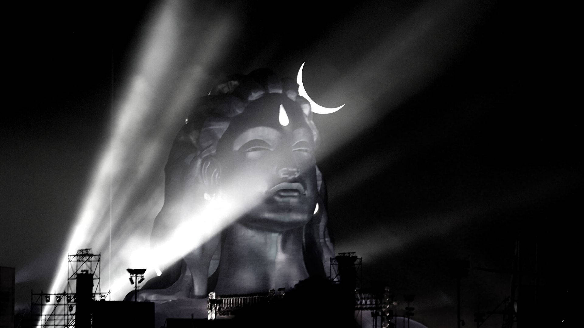 Shiva Black, Buddha head statue, dramatic spotlights, Full HD Desktop Wallpaper