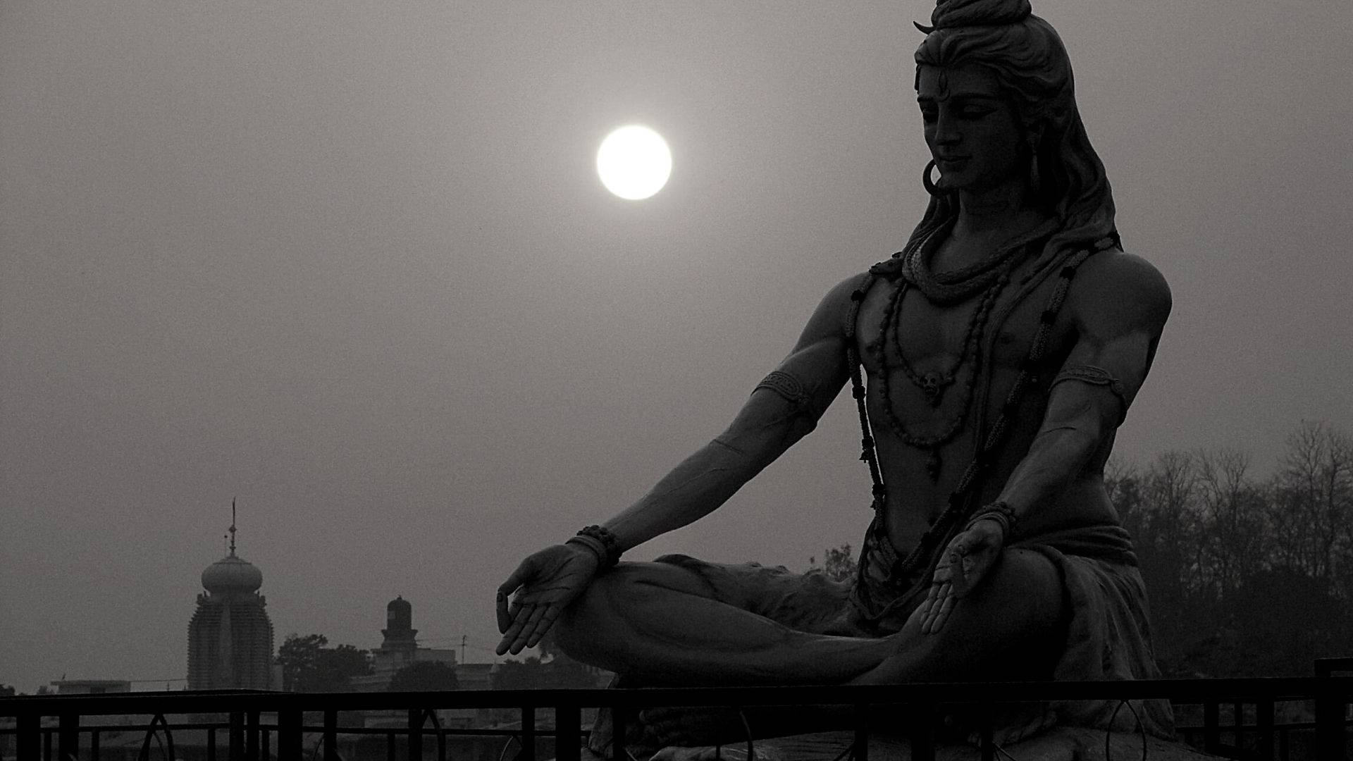 Dark Shiva, sunny silhouette, monochrome statue, Full HD Desktop Wallpaper