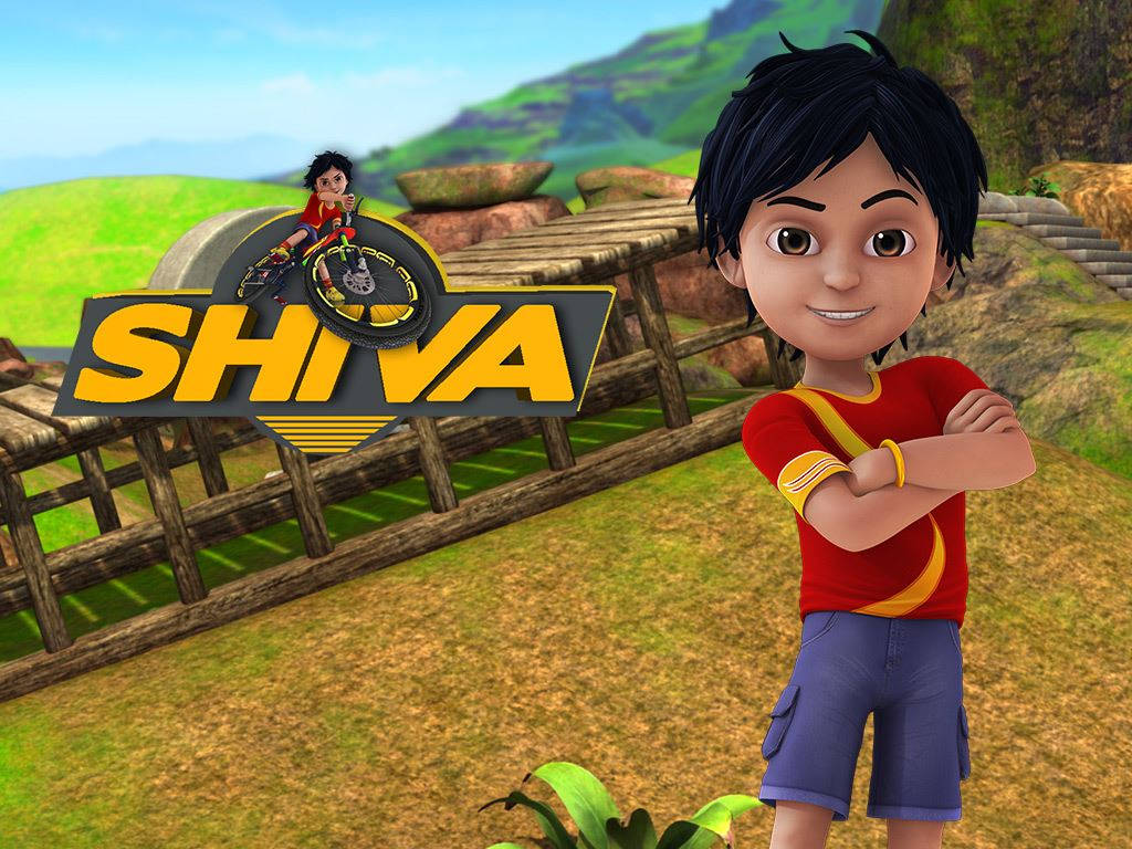 Shiva Cartoon, red shirt, wooden bridge, SD Desktop Wallpaper