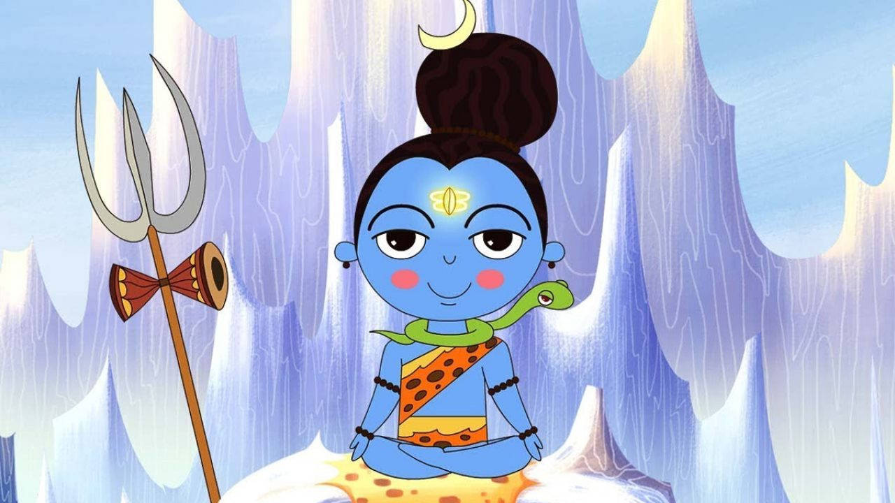 Shiva Cartoon, blue-skinned deity, crescent moon, HD Desktop Wallpaper