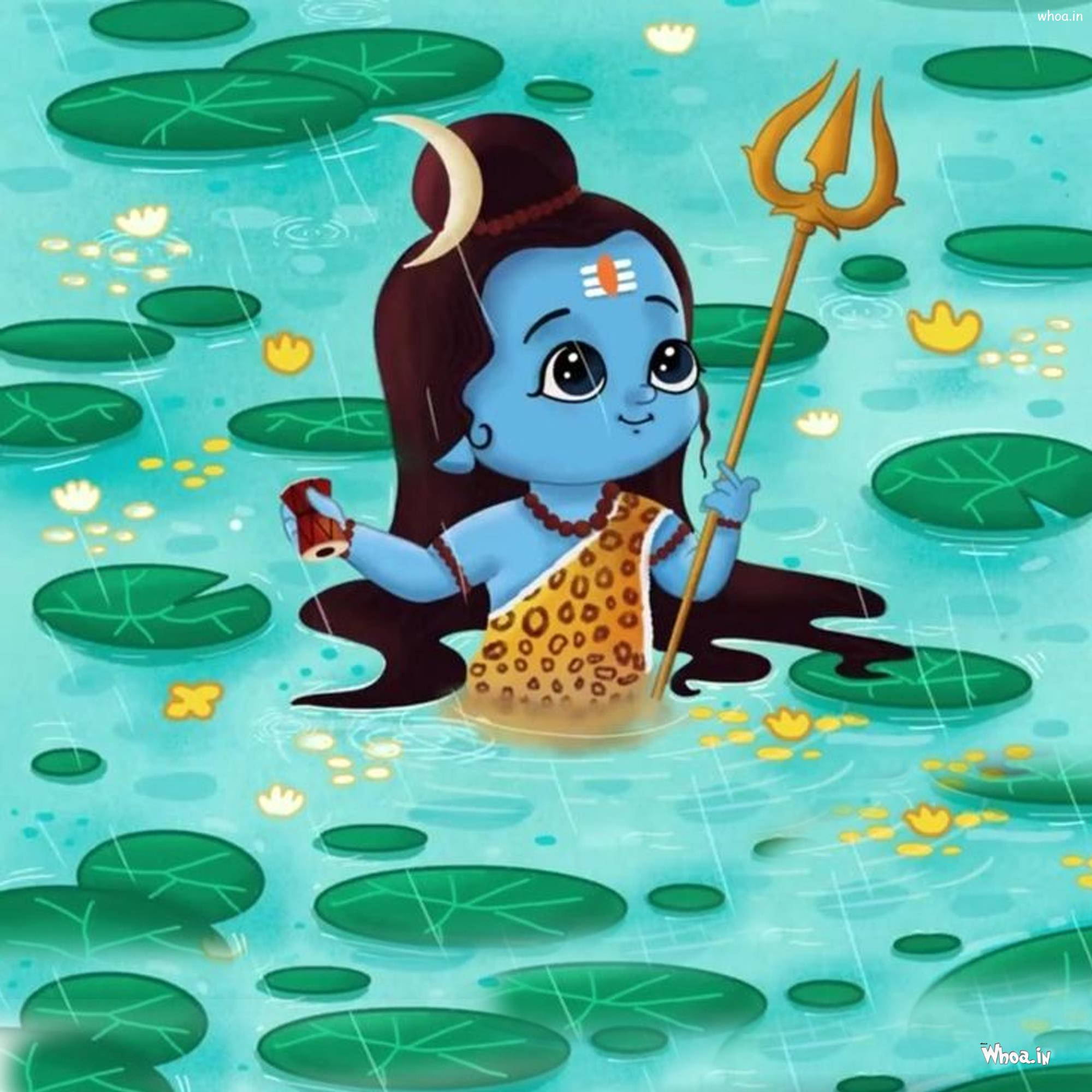 Shiva Cartoon, blue-skinned, crescent moon hair, Full HD Desktop Wallpaper