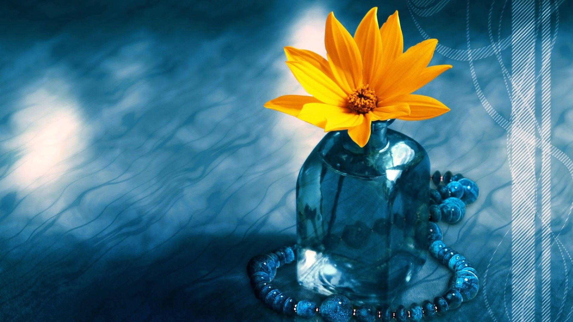 Kshanika yellow flower, blue glass bottle, blue beads, Full HD Desktop Wallpaper