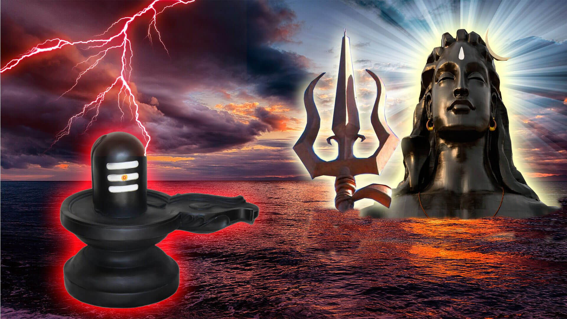 Shiva Lingam, trident, fiery waters, Full HD Desktop Wallpaper