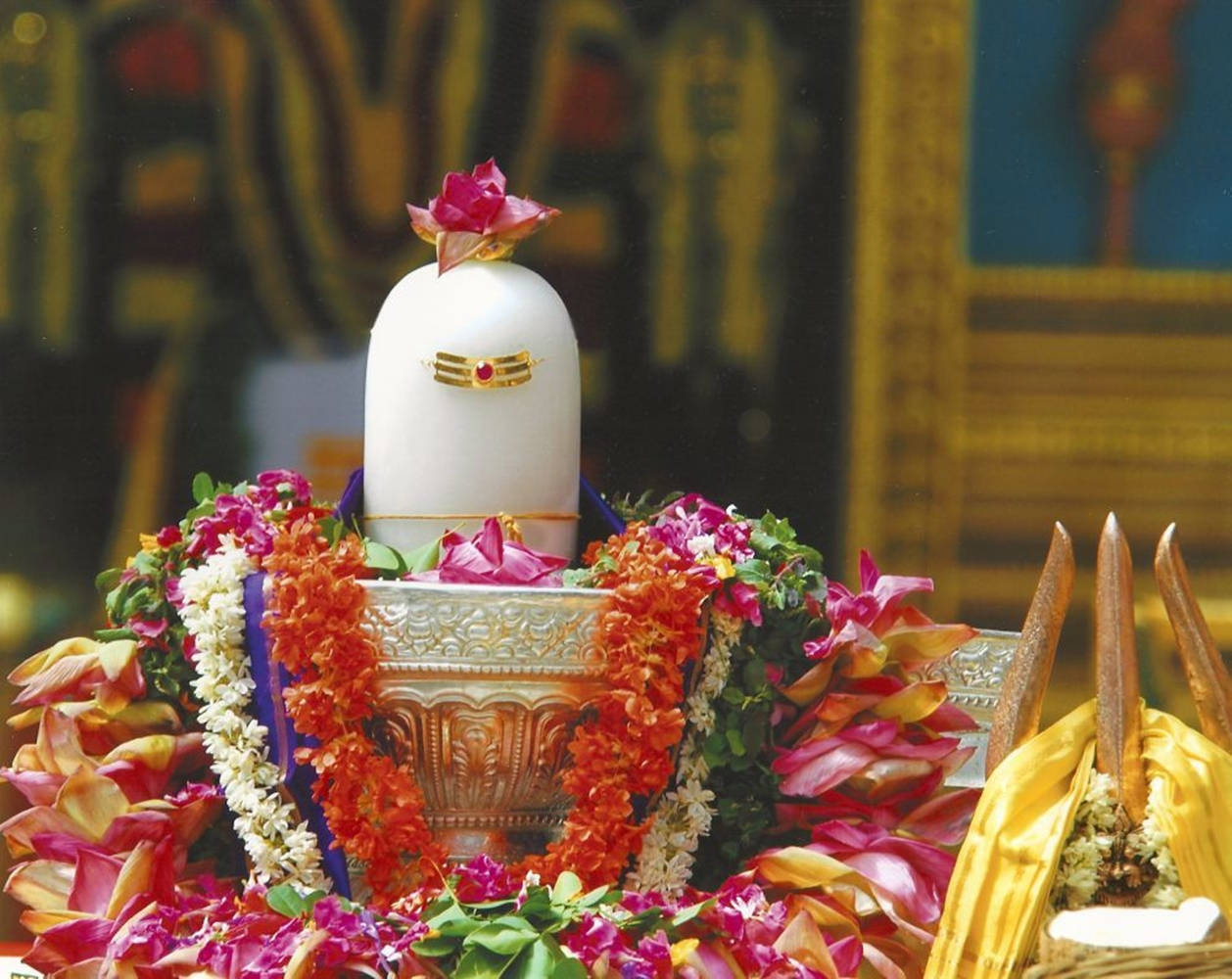 Shiva Lingam, pink and orange flower garlands, silver pedestal, SD Desktop Wallpaper