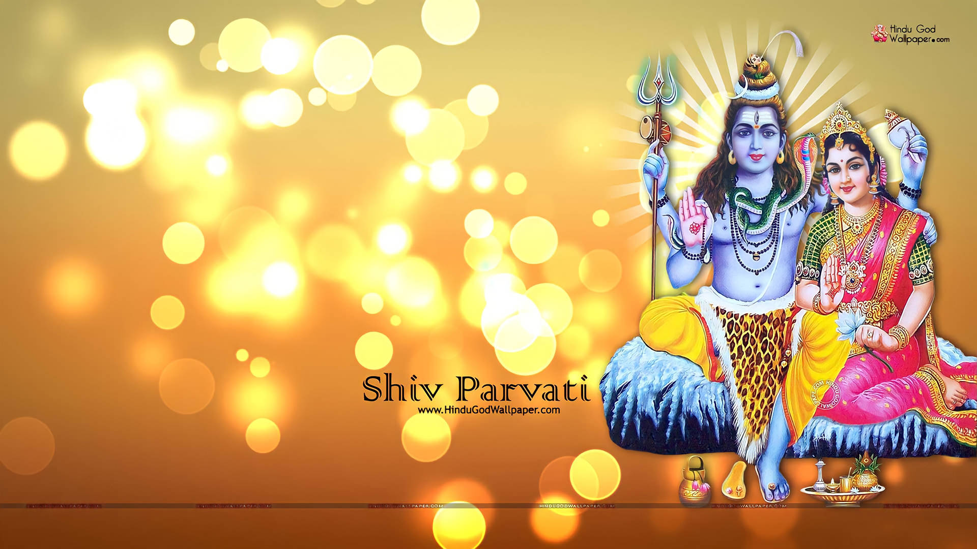 Shiva Parvati, blue throne, glowing golden bokeh background, Full HD Desktop Wallpaper