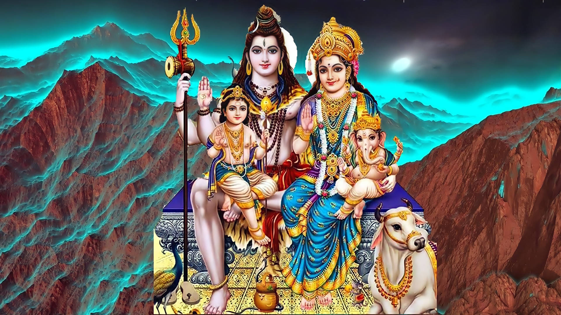 Shiva Parvati, children, throne, Full HD Desktop Wallpaper