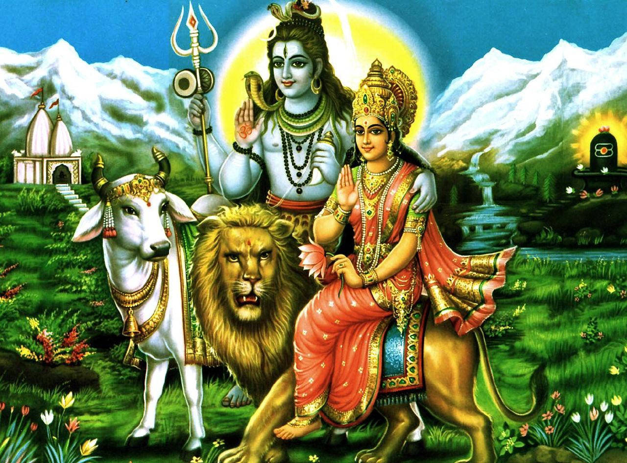 Shiva, Parvati, lion, HD Desktop Wallpaper