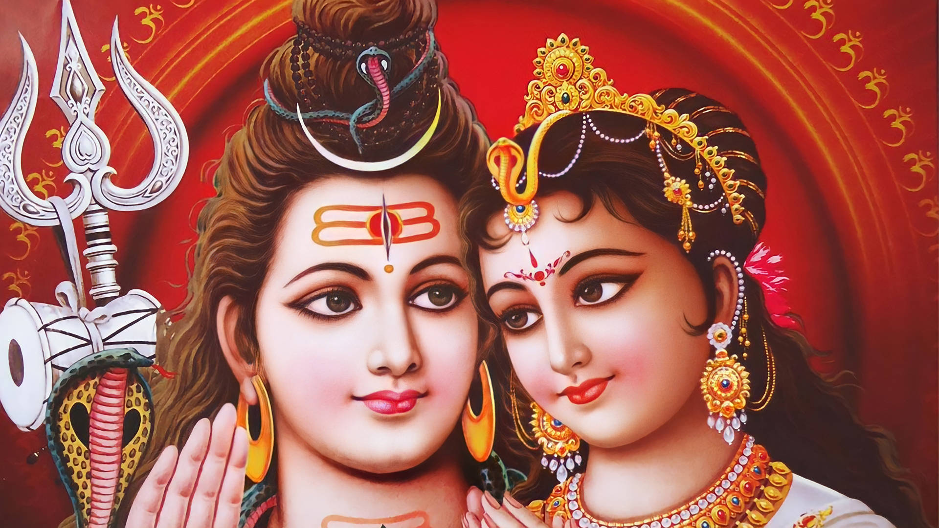 Shiva, Parvati, red backdrop, Full HD Desktop Wallpaper