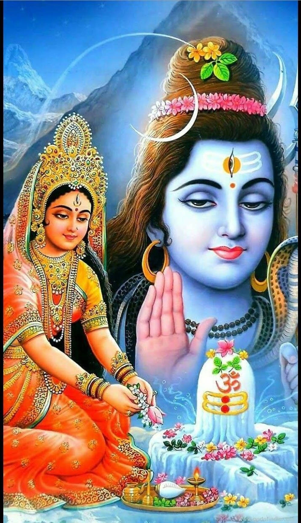 Shiva Parvati, blue skin, crescent moon crown, HD Phone Wallpaper