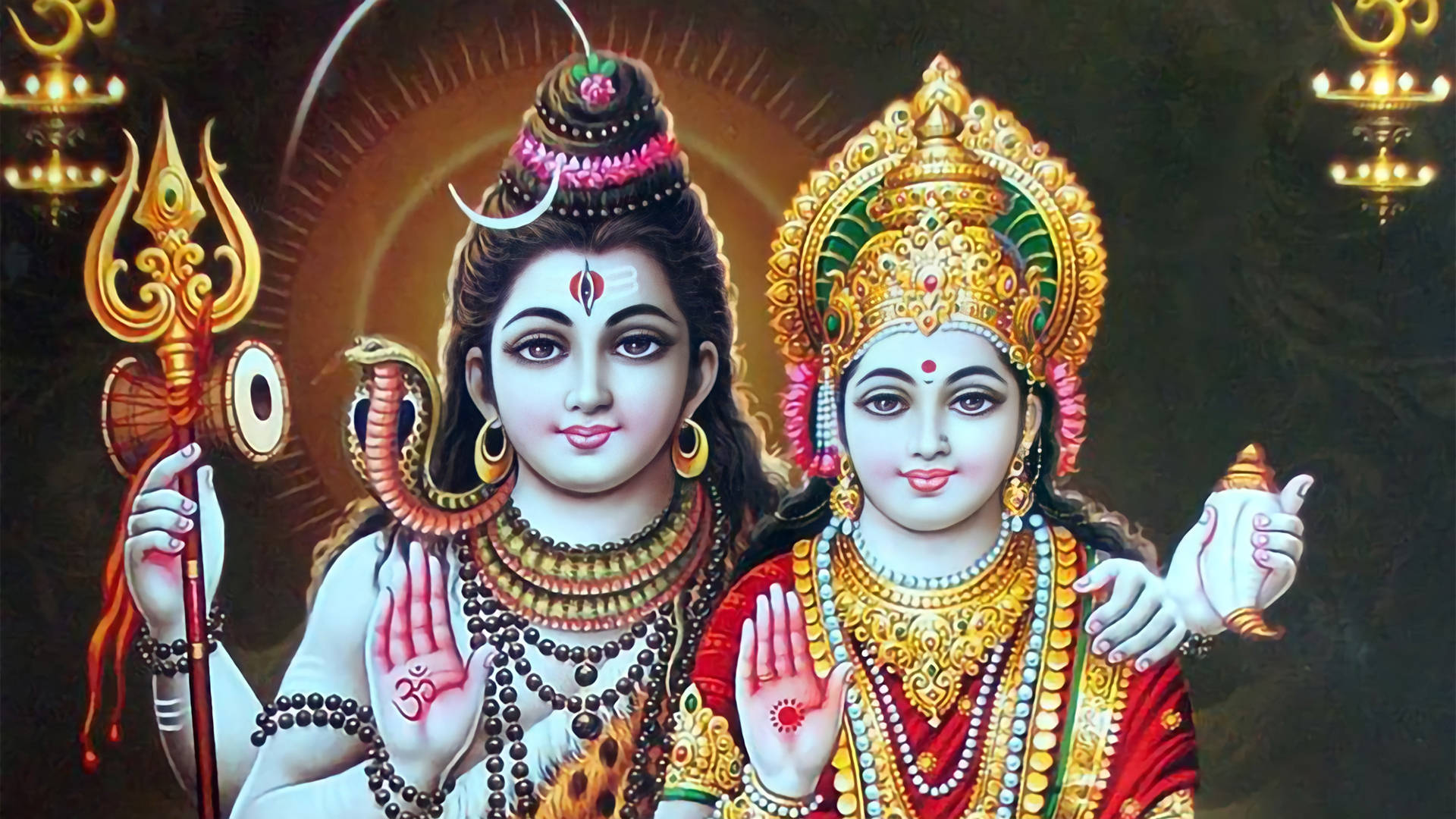 Shiva, Parvati, golden attire, Full HD Desktop Wallpaper