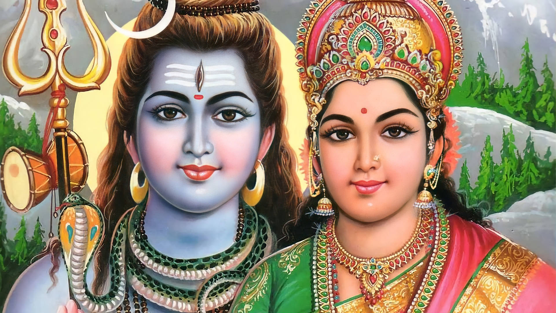 Shiva, Parvati, red bindis, Full HD Desktop Wallpaper