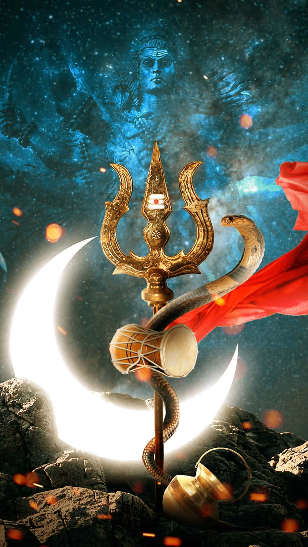 golden trident, coiled serpent, drum, Full HD Phone Wallpaper