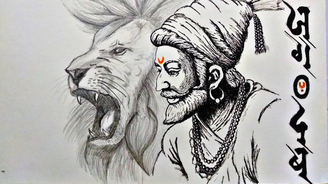 Shivaji Maharaj, lion, black and white sketch, HD Desktop Wallpaper