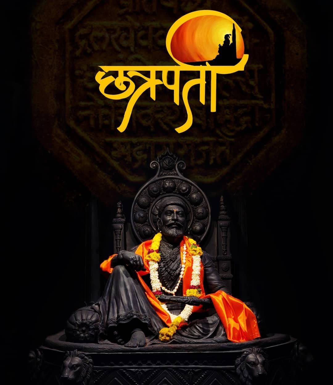 Shivaji Maharaj, orange cloth, black statue, SD Phone Wallpaper