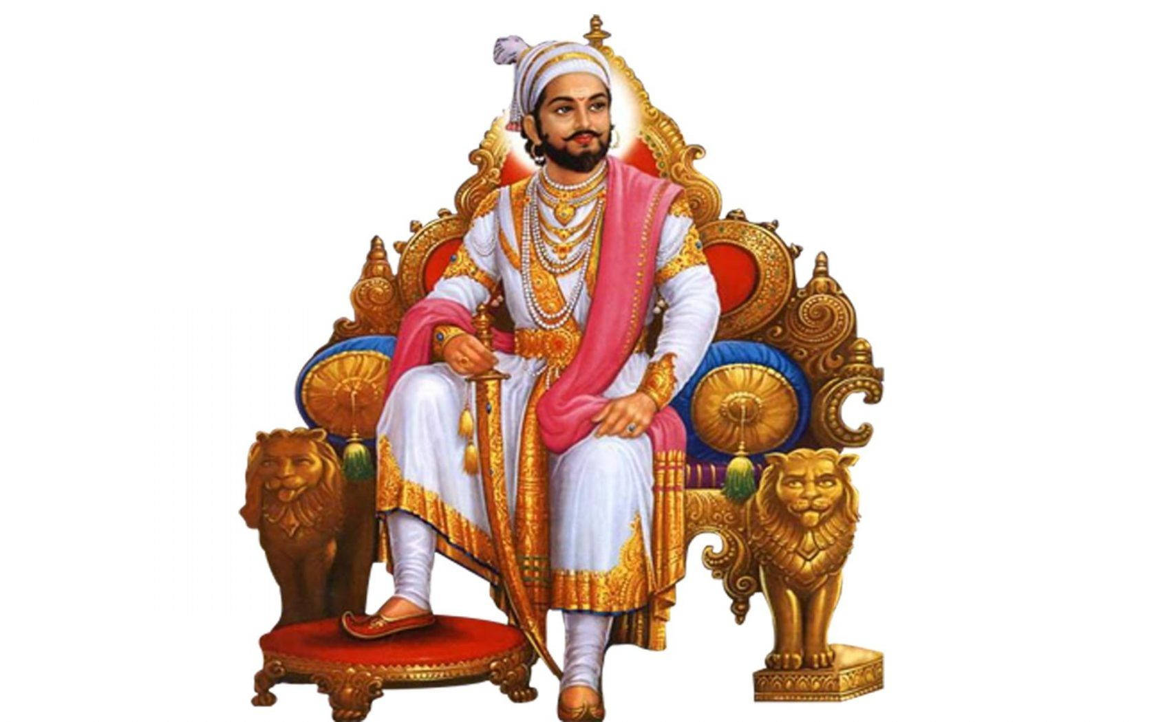 Shivaji Maharaj, white and gold attire, ornate throne, HD Desktop Wallpaper