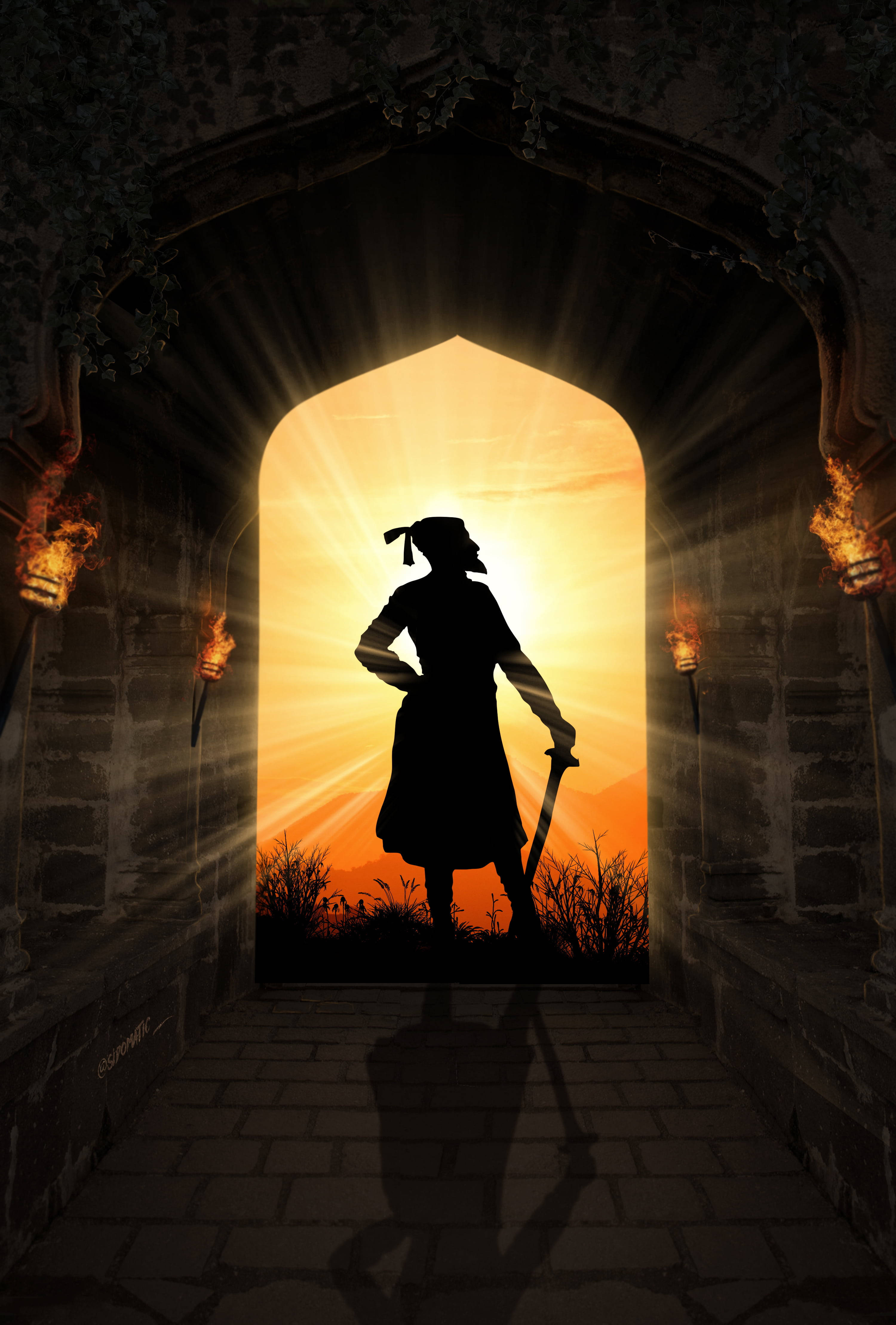 Shivaji Maharaj, silhouette, stone archway, 4K Phone Wallpaper