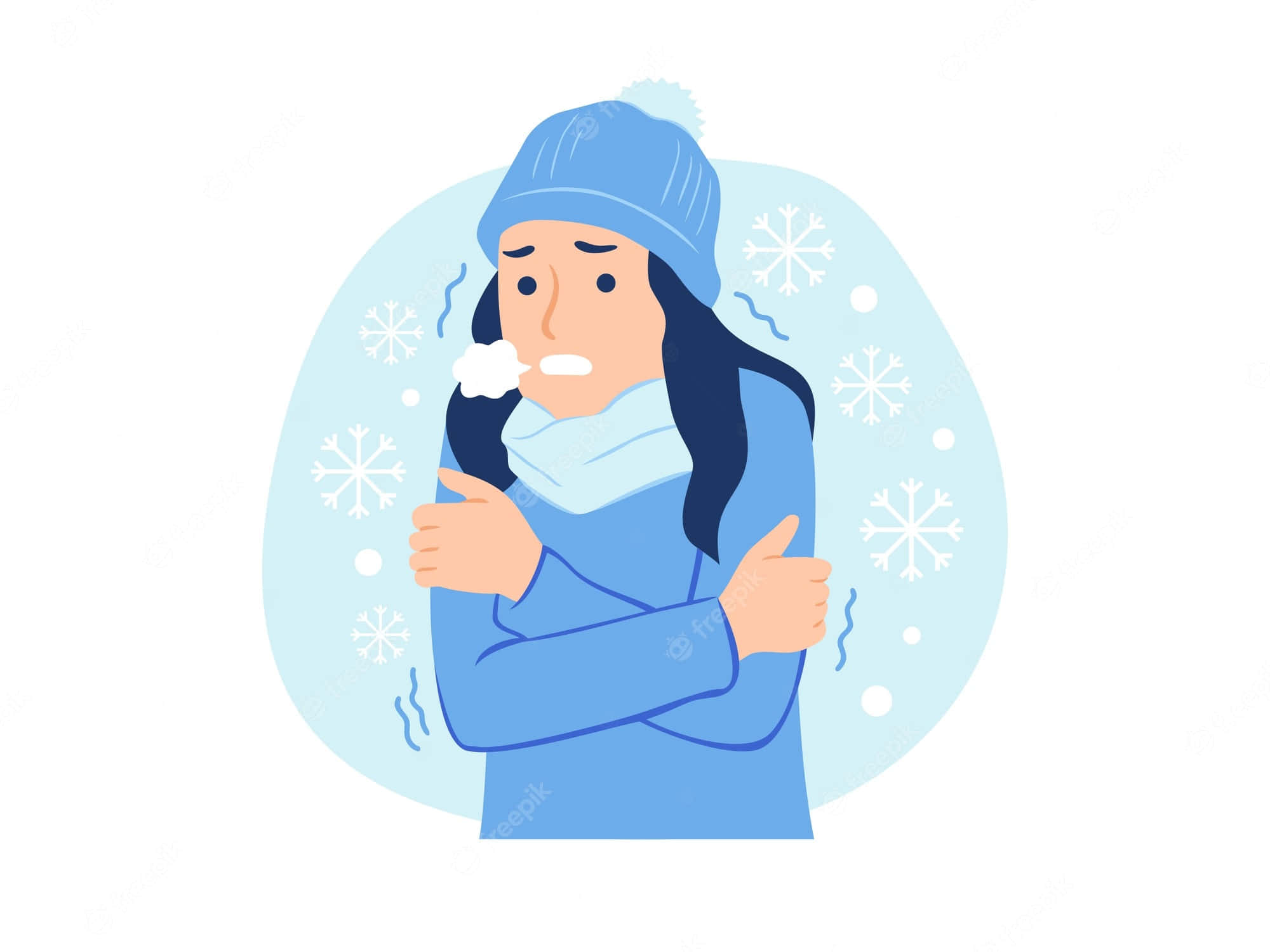 Shivering Woman In Blue, blue winter gear, snowflakes, Full HD Desktop Wallpaper