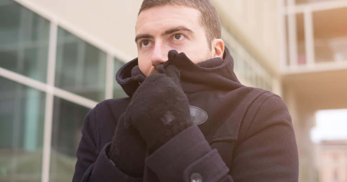 Shivering Man, dark coat, gloves, SD Desktop Wallpaper