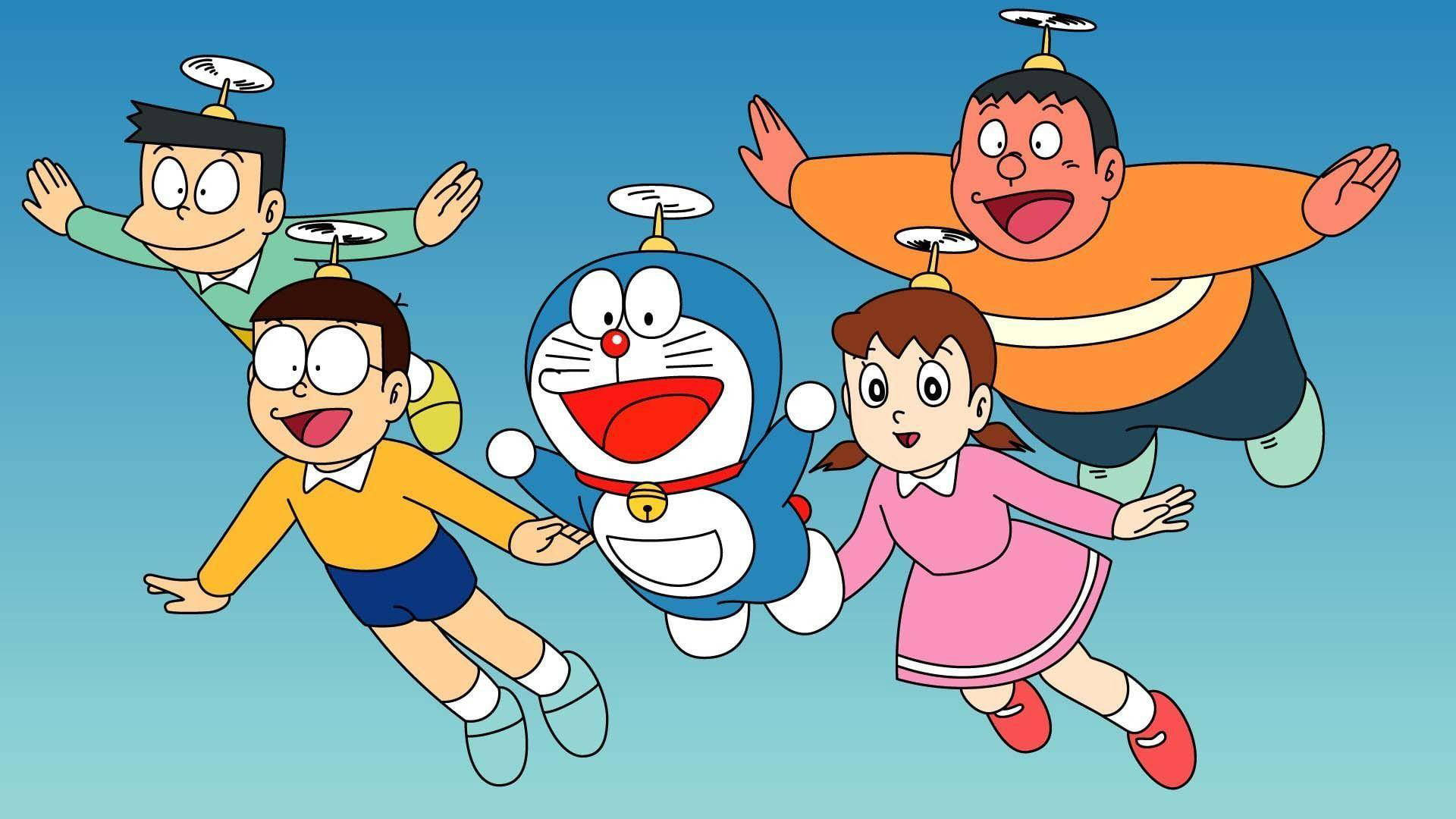 Shizuka Doraemon, flying take-copter, propeller hats, Full HD Desktop Wallpaper
