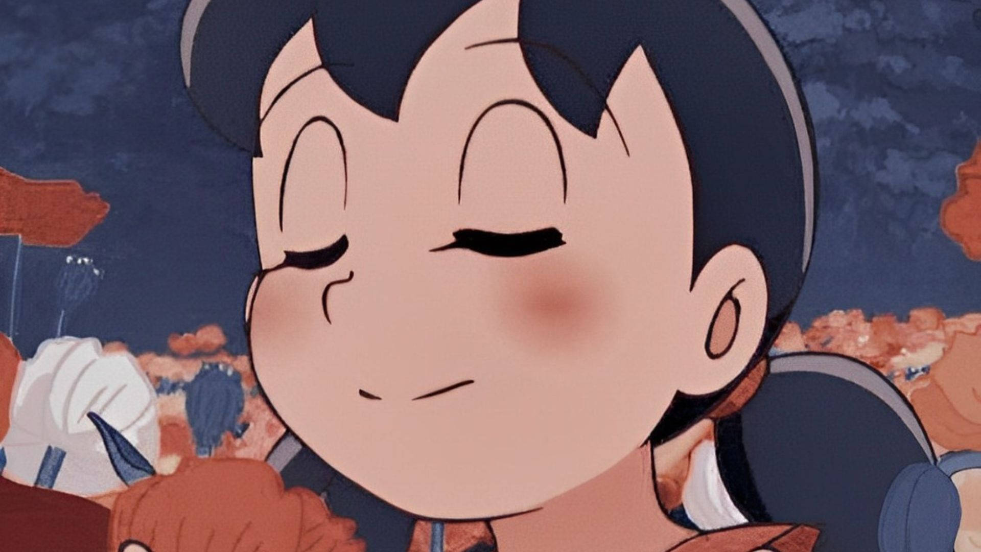 Shizuka Doraemon, autumnal background, closed eyes, Full HD Desktop Wallpaper