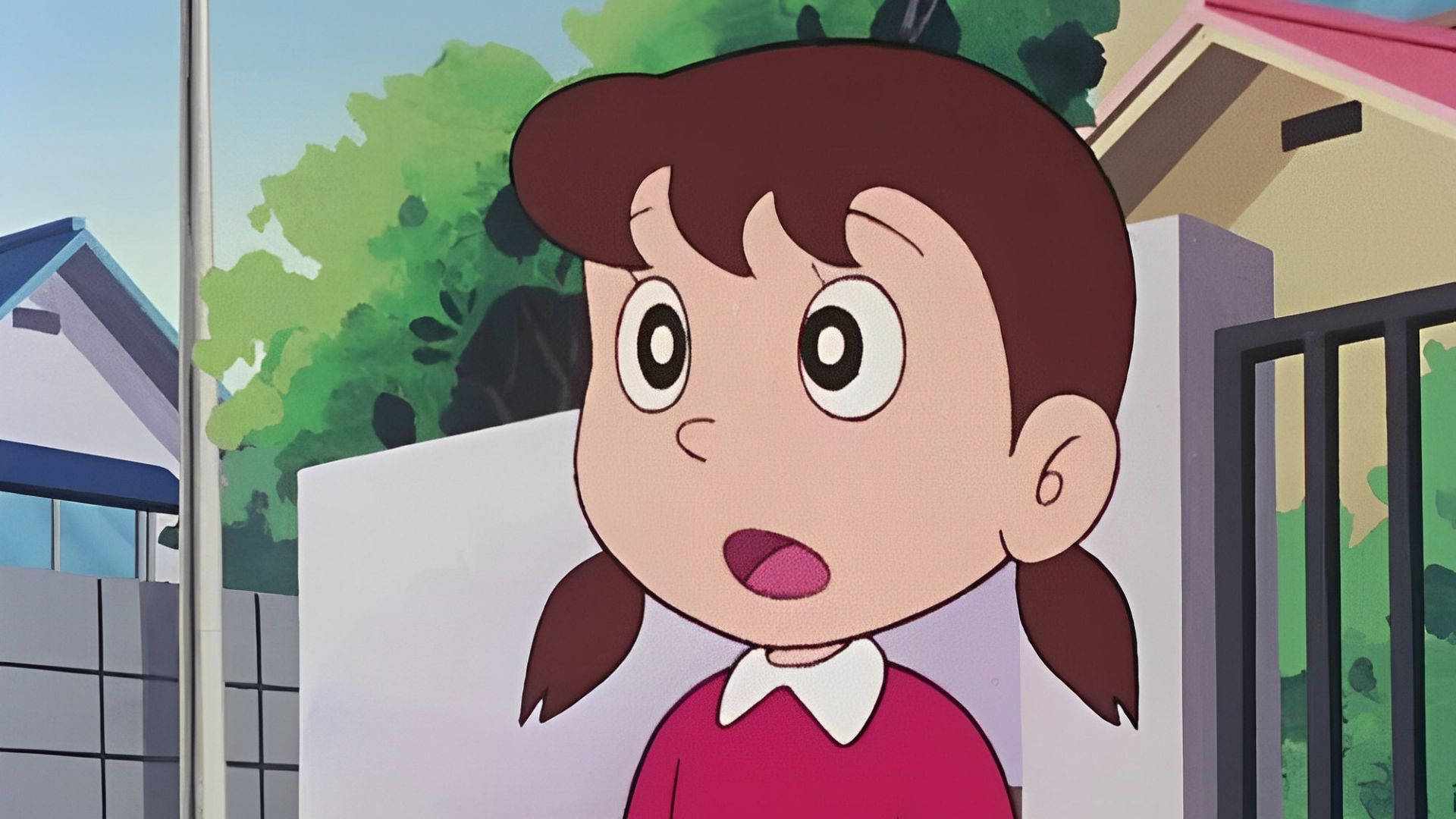Shizuka Doraemon, brown pigtails, red sweater, Full HD Desktop Wallpaper
