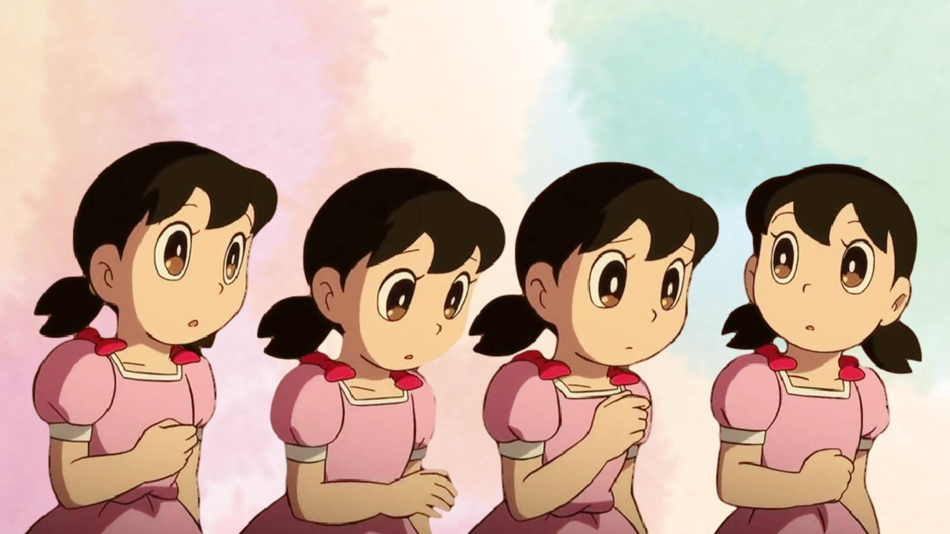 Shizuka Doraemon, pink dresses, soft pastel gradient background, Full HD Desktop Wallpaper