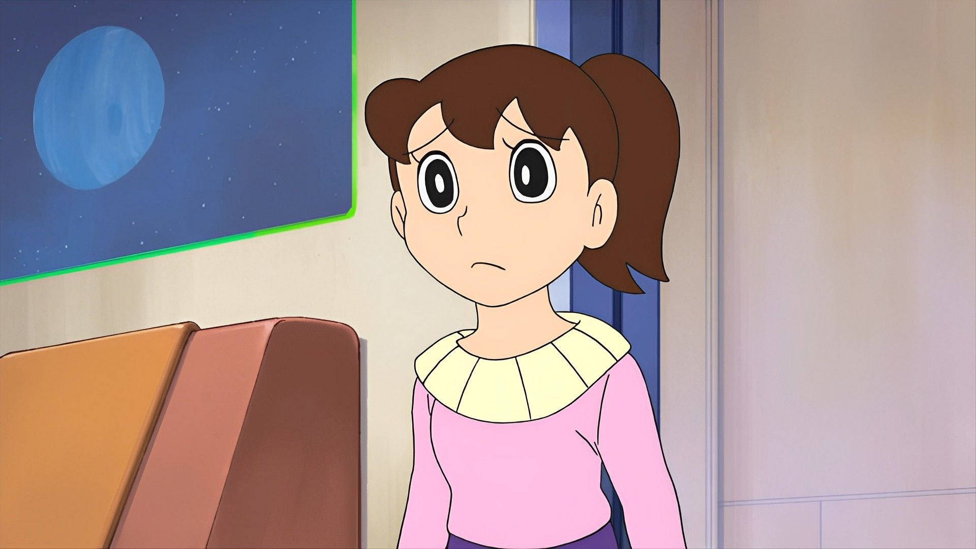 Shizuka Doraemon, brown pigtails, pink top, Full HD Desktop Wallpaper