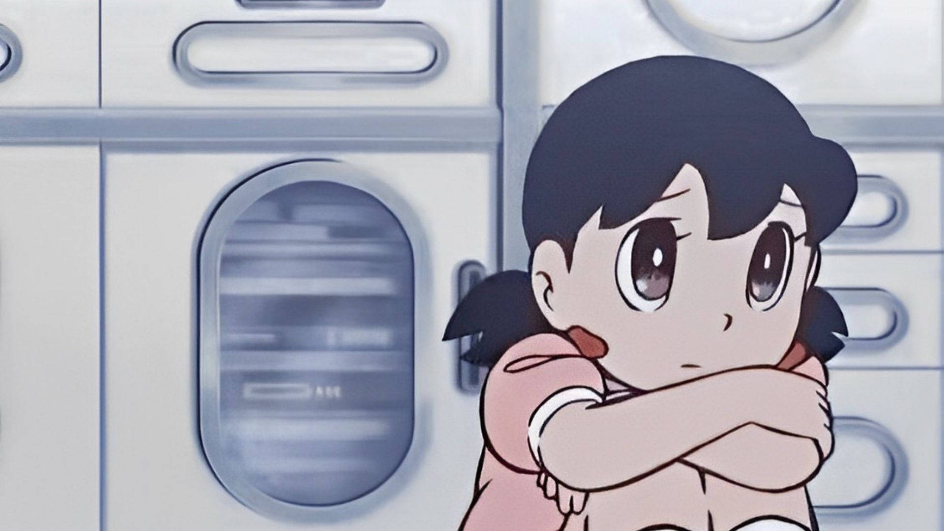 Shizuka Doraemon, black hair, hugging knees, Full HD Desktop Wallpaper