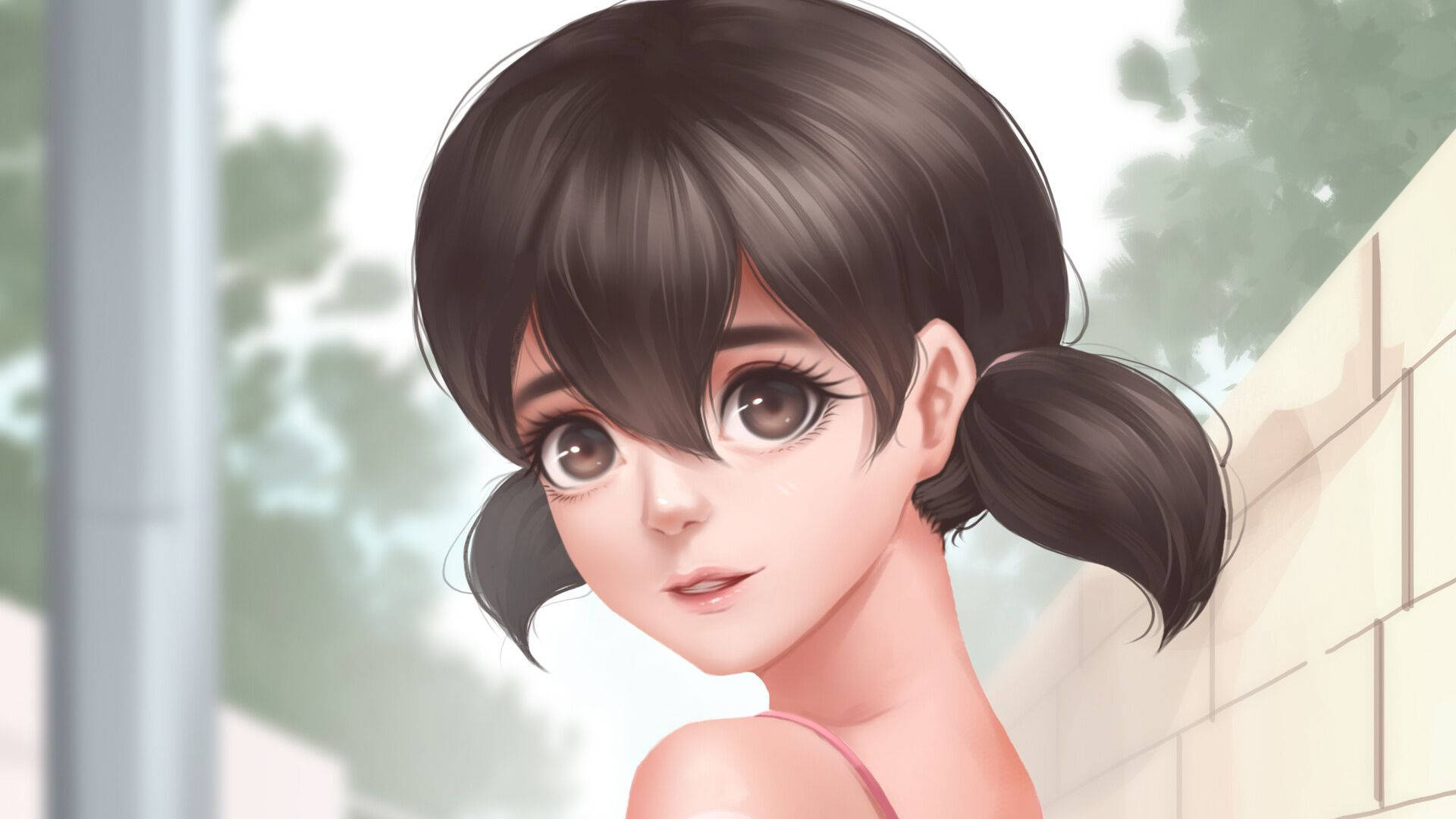 Shizuka Doraemon, brown pigtails, big eyes, Full HD Desktop Wallpaper