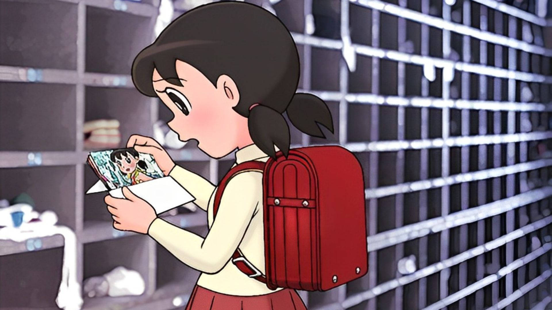 Shizuka Doraemon, red backpack, comic book, Full HD Desktop Wallpaper