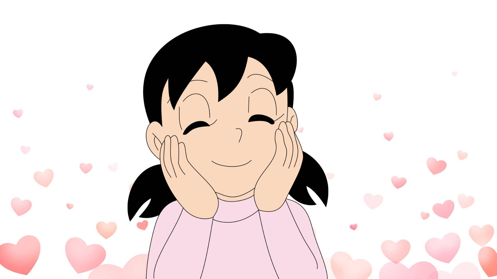 Shizuka Doraemon, black pigtails, pink hearts, Full HD Desktop Wallpaper