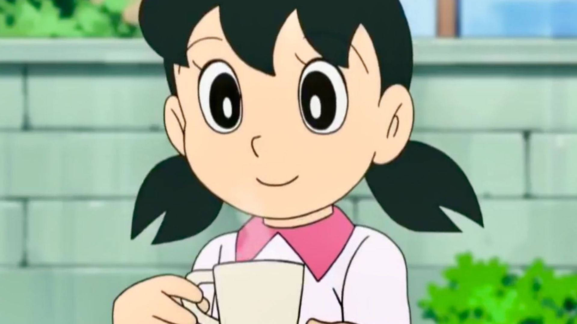 Shizuka Doraemon, black pigtails, white mug, Full HD Desktop Wallpaper