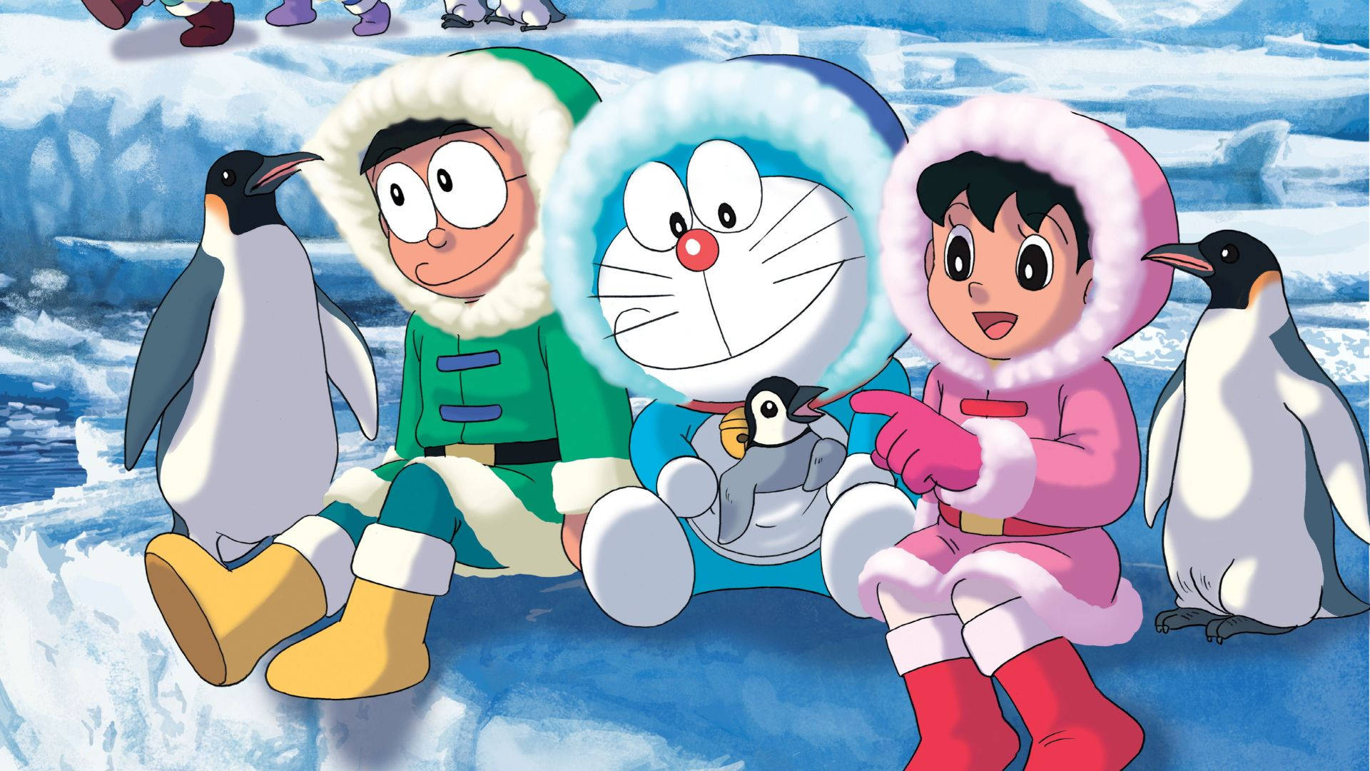 Shizuka Doraemon, Doraemon, penguin family, Full HD Desktop Wallpaper