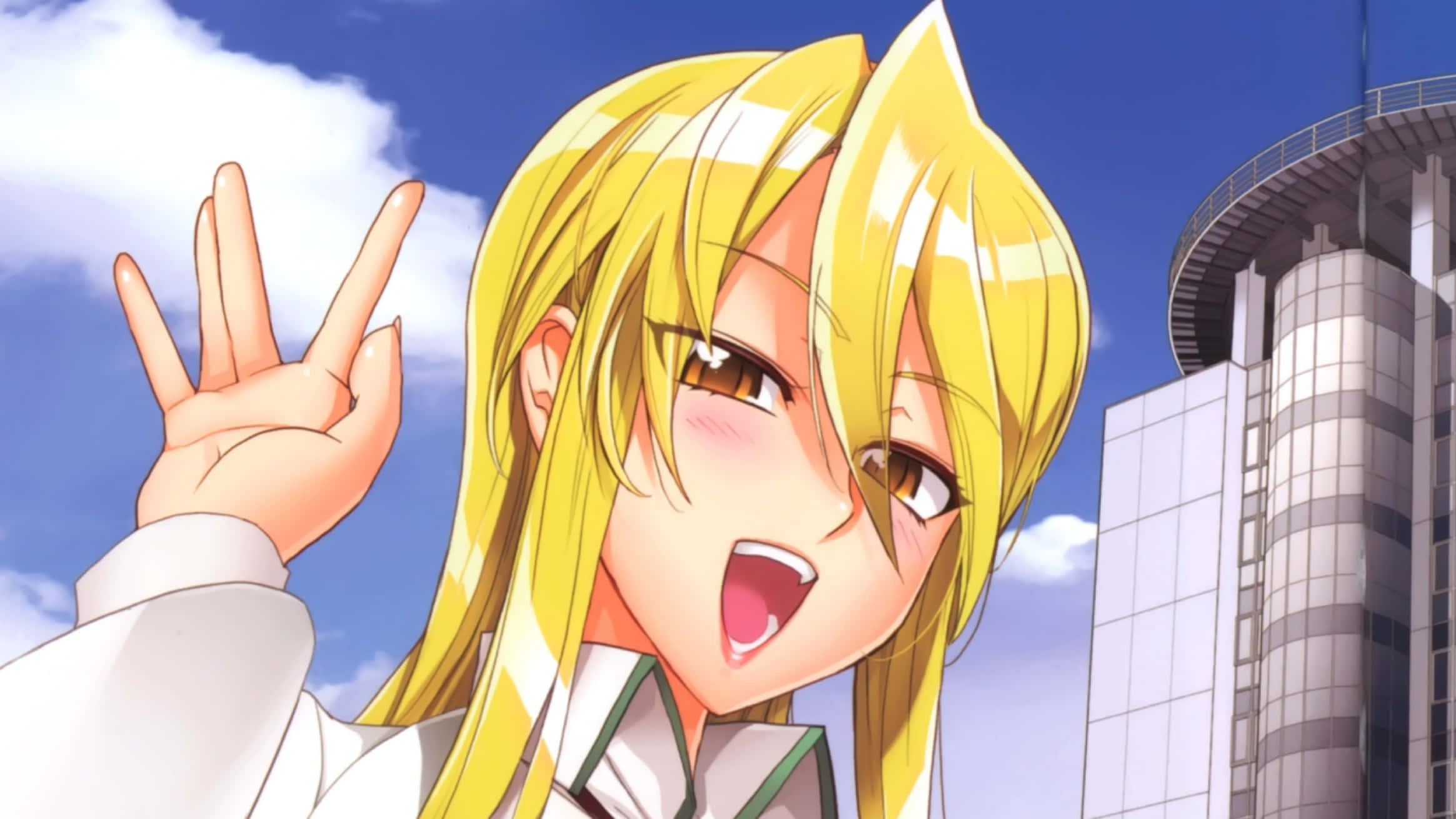 Shizuka Marikawa, long blonde hair, bright blue sky, Full HD Desktop Wallpaper