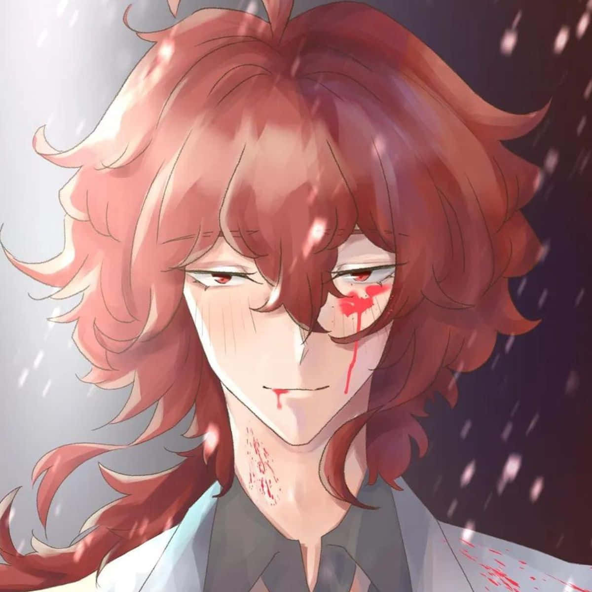Sho Hinakawa, red-haired anime character, blood streaks on face and clothing, SD Desktop Wallpaper