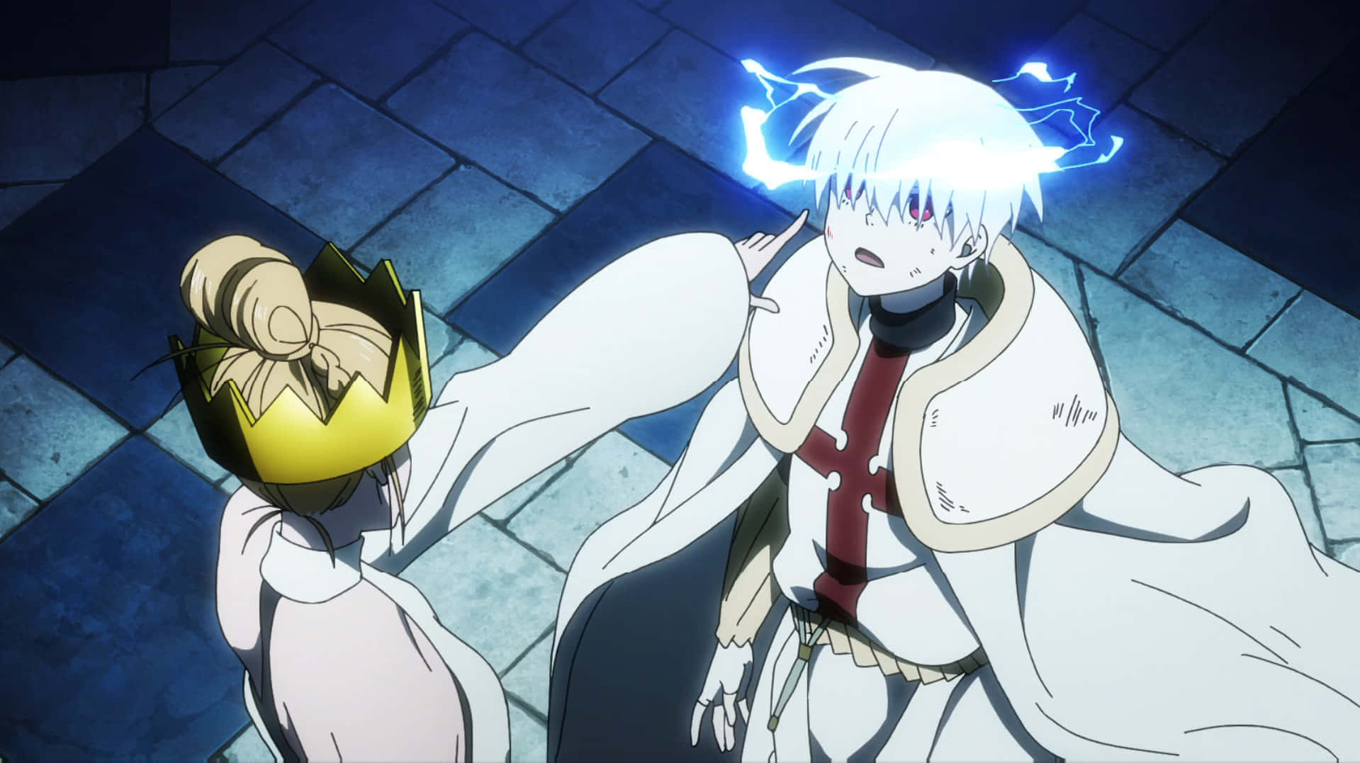 Sho Kusakabe, white-haired anime character, glowing blue lightning, HD Desktop Wallpaper