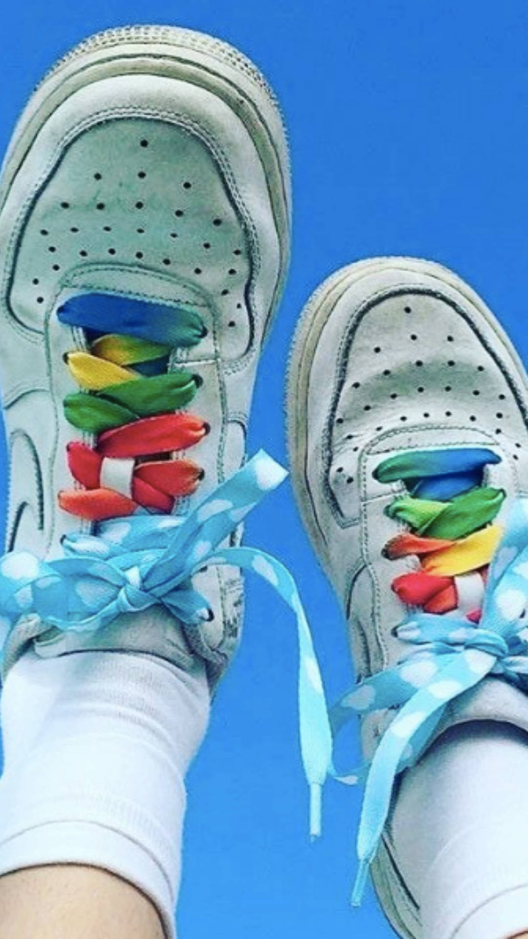 indie kid aesthetic, white sneakers, rainbow laces, Full HD Phone Wallpaper