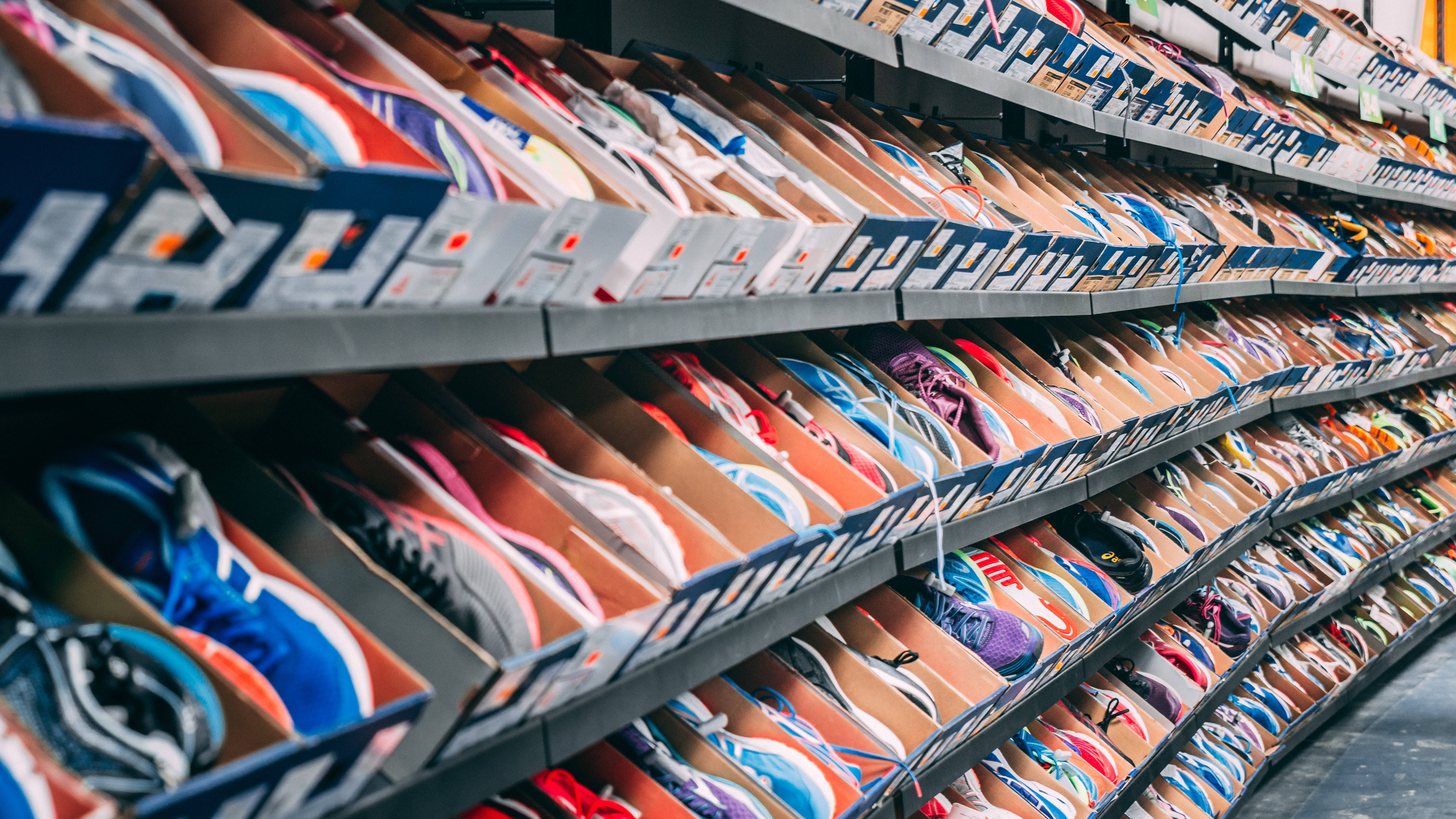aisle of shoe boxes, colorful athletic shoes, store shelves, 5K Desktop Wallpaper